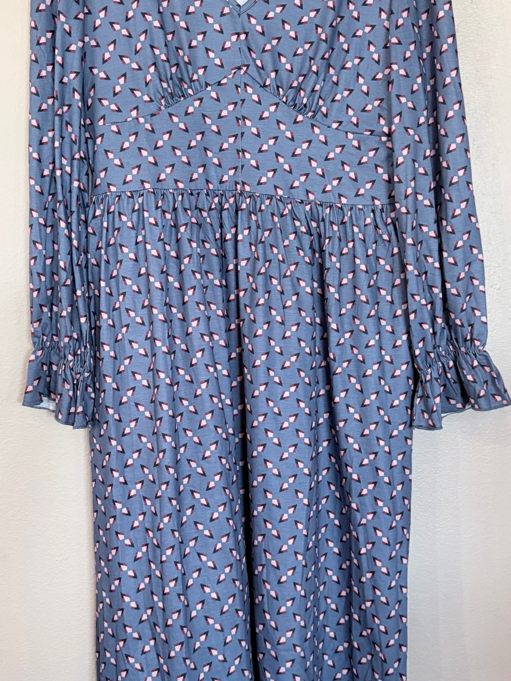 Suzanne Betro Blue Dress with Pink & Black Geometric Print